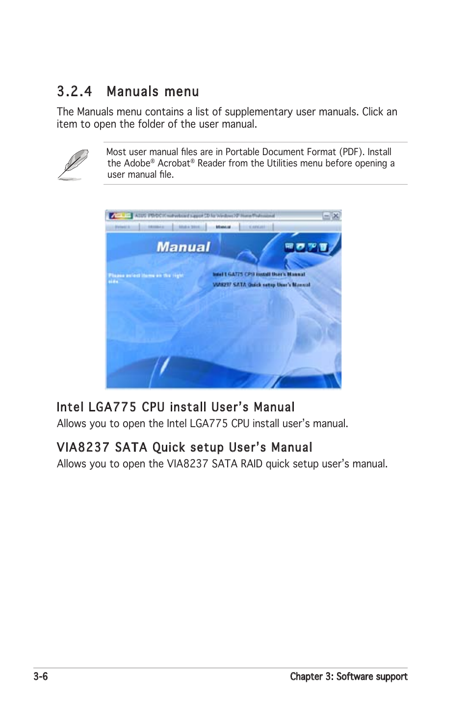 4 manuals menu, Intel lga775 cpu install userʼs manual, Via8237 sata quick setup userʼs manual | Asus P5VDC-X User Manual | Page 90 / 92
