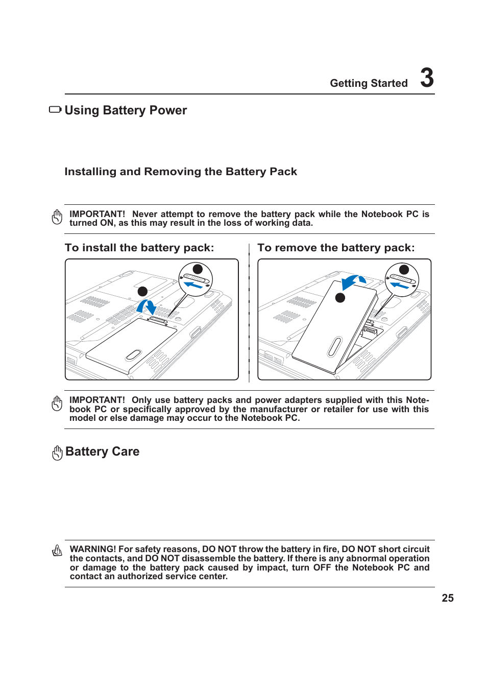 Using battery power, Battery care | Asus Z99 User Manual | Page 25 / 71