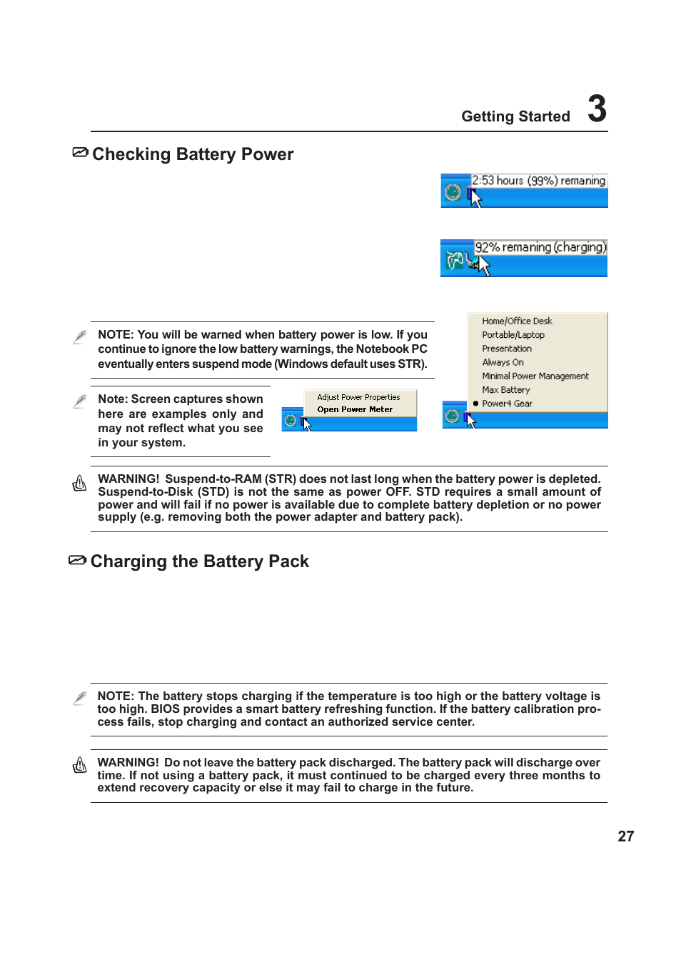 Checking battery power, Charging the battery pack | Asus Z99 User Manual | Page 27 / 71