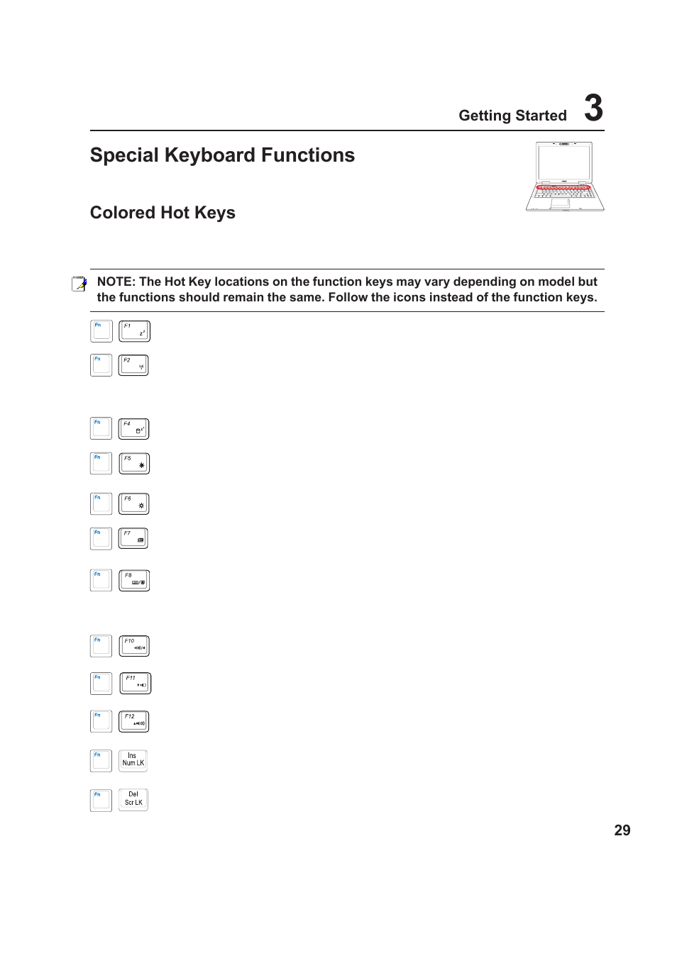 Special keyboard functions, Colored hot keys | Asus Z99 User Manual | Page 29 / 71