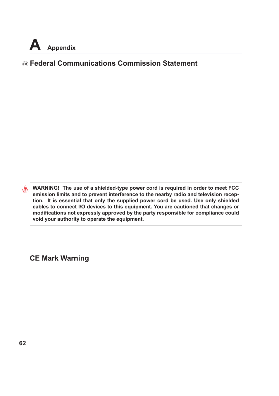 Ce mark warning, Federal communications commission statement | Asus Z99 User Manual | Page 62 / 71