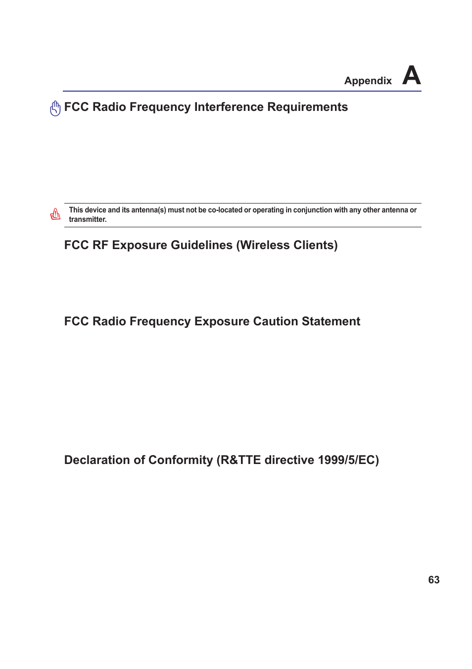 Fcc radio frequency interference requirements, Fcc rf exposure guidelines (wireless clients), Fcc radio frequency exposure caution statement | Asus Z99 User Manual | Page 63 / 71