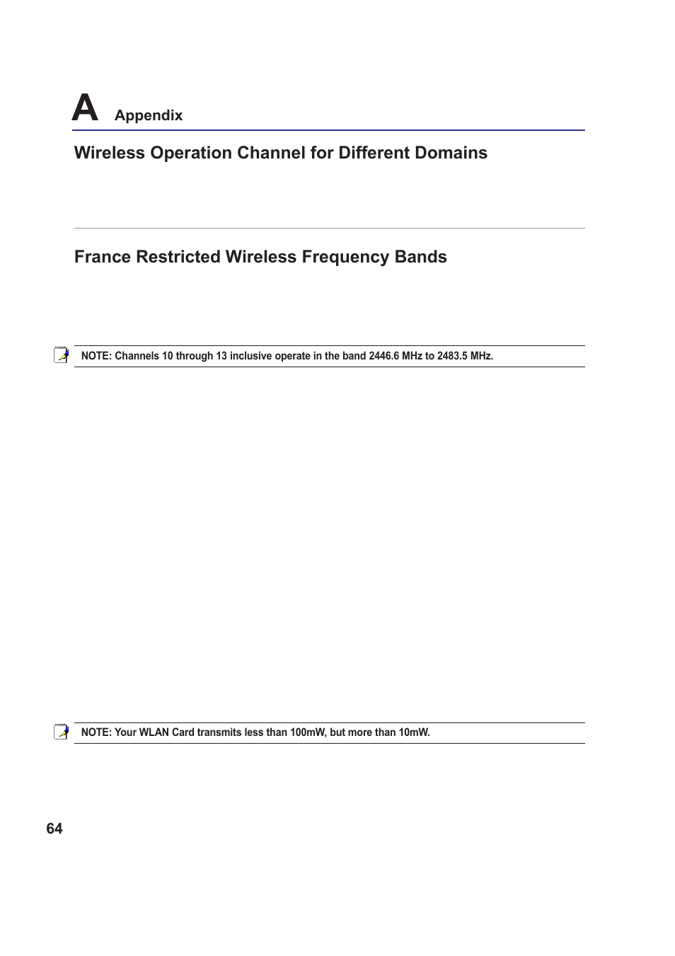 France restricted wireless frequency bands, Wireless operation channel for different domains | Asus Z99 User Manual | Page 64 / 71
