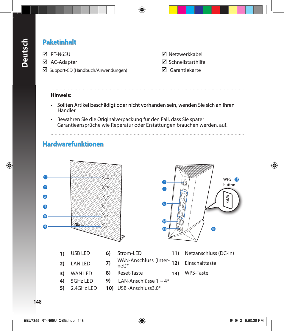 Deutsch, Paketinhalt, Hardwarefunktionen | Asus RT-N65U User Manual | Page 148 / 159