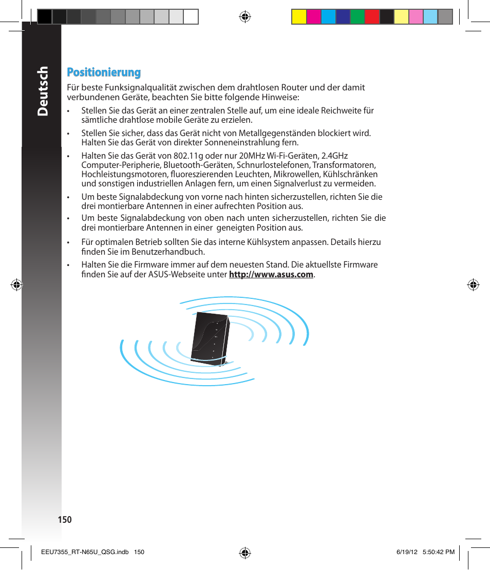 Deutsch, Positionierung | Asus RT-N65U User Manual | Page 150 / 159