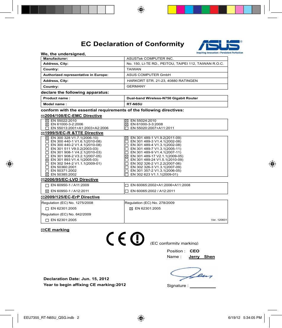 Ec declaration of conformity | Asus RT-N65U User Manual | Page 2 / 159