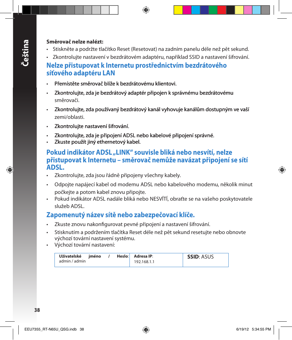 Čeština, Zapomenutý název sítě nebo zabezpečovací klíče | Asus RT-N65U User Manual | Page 38 / 159