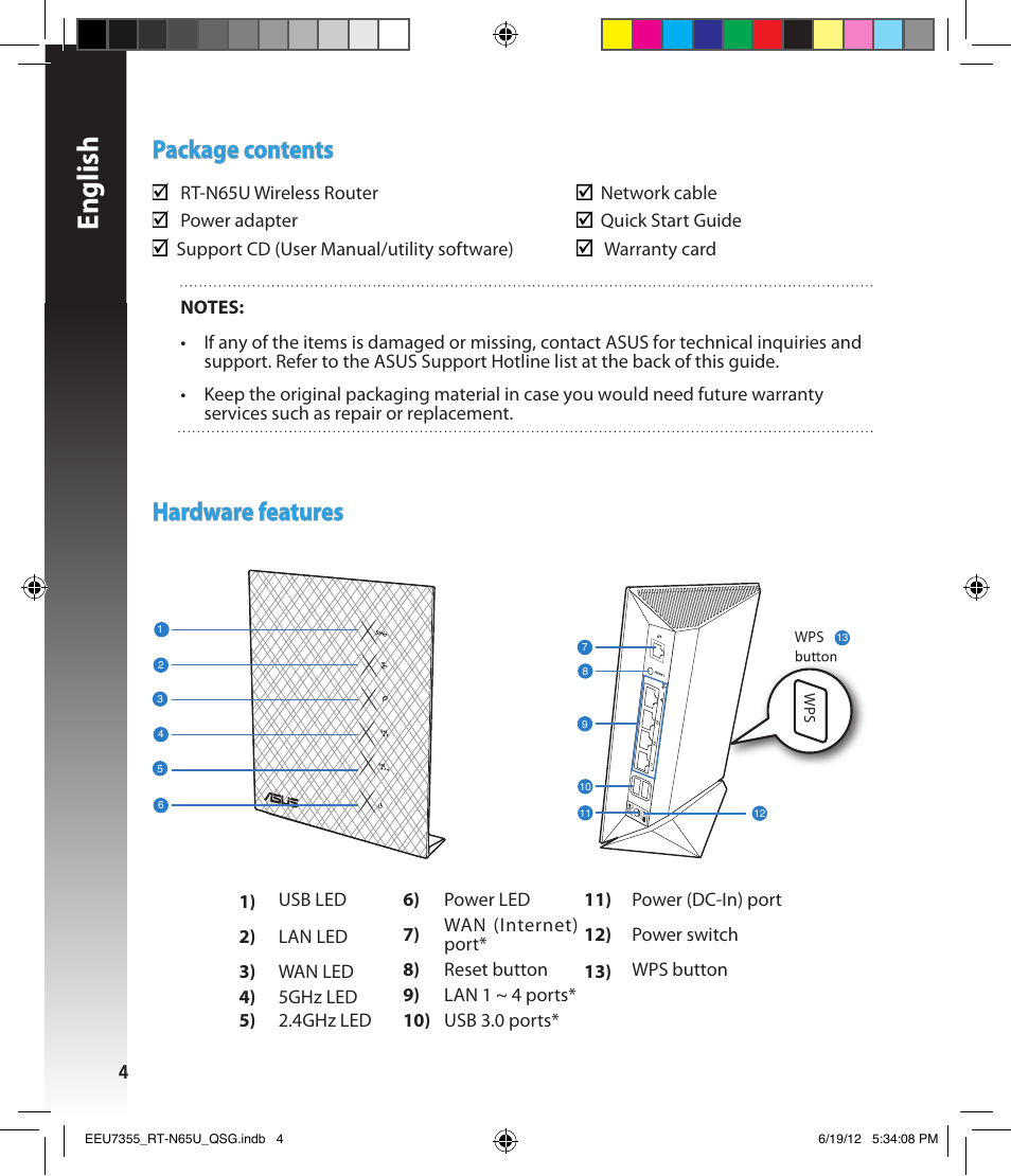 English, Package contents, Hardware features | Asus RT-N65U User Manual | Page 4 / 159
