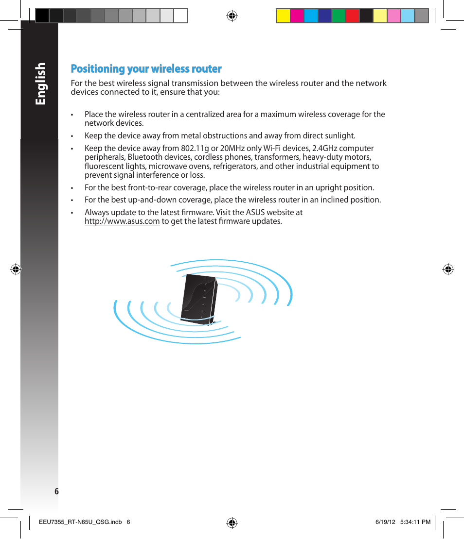 English, Positioning your wireless router | Asus RT-N65U User Manual | Page 6 / 159