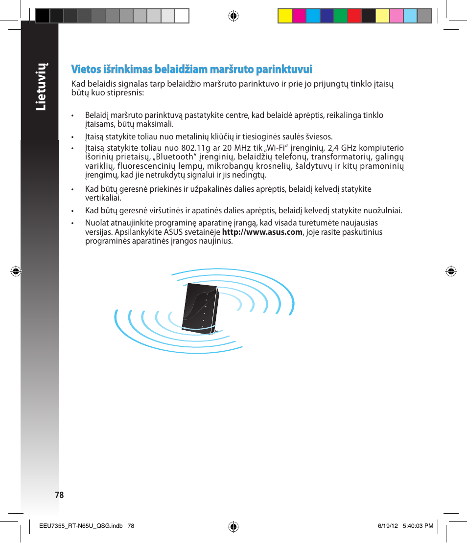 Lietuvių, Vietos išrinkimas belaidžiam maršruto parinktuvui | Asus RT-N65U User Manual | Page 78 / 159