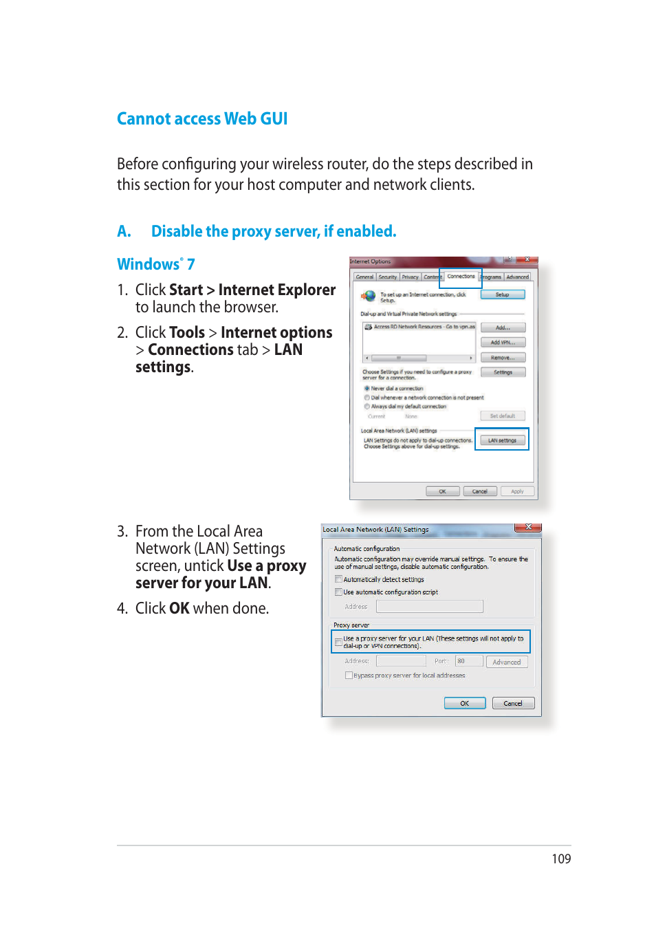 Cannot access web gui | Asus RT-AC52U User Manual | Page 109 / 130