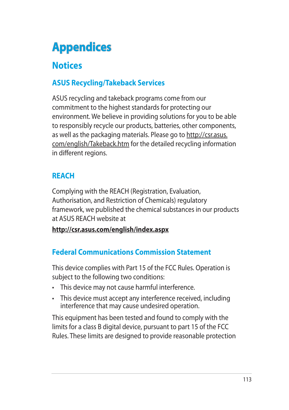 Appendices, Notices | Asus RT-AC52U User Manual | Page 113 / 130