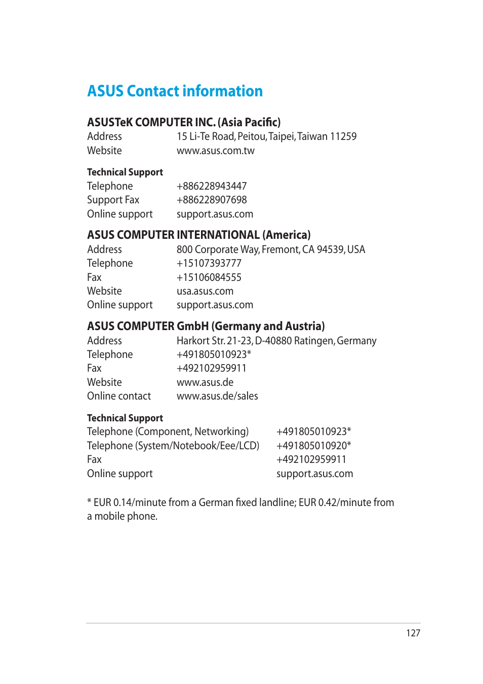 Asus contact information | Asus RT-AC52U User Manual | Page 127 / 130