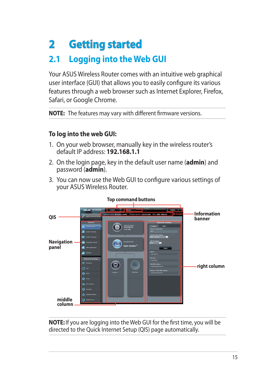 2 getting started, 1 logging into the web gui | Asus RT-AC52U User Manual | Page 15 / 130