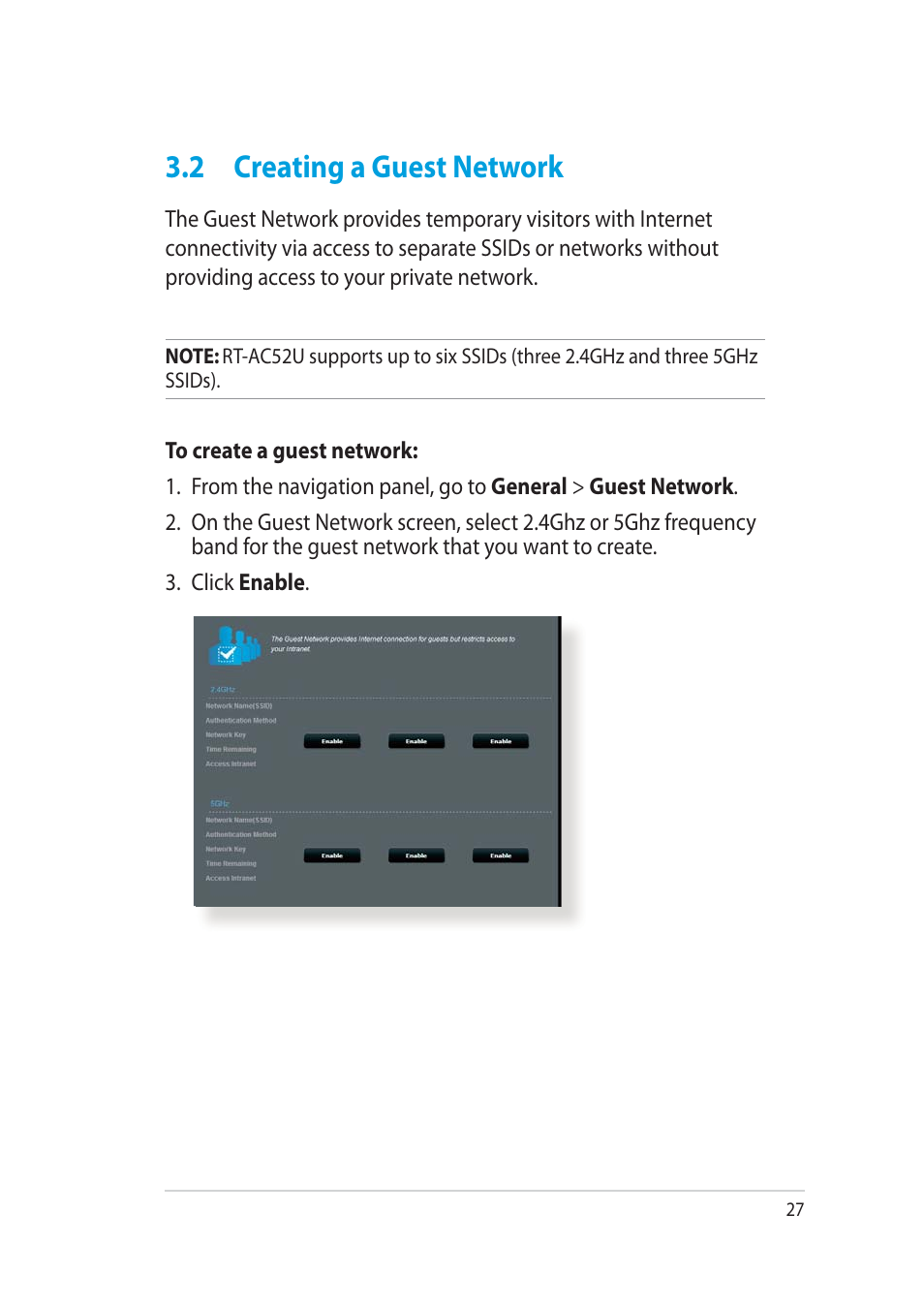 2 creating a guest network | Asus RT-AC52U User Manual | Page 27 / 130