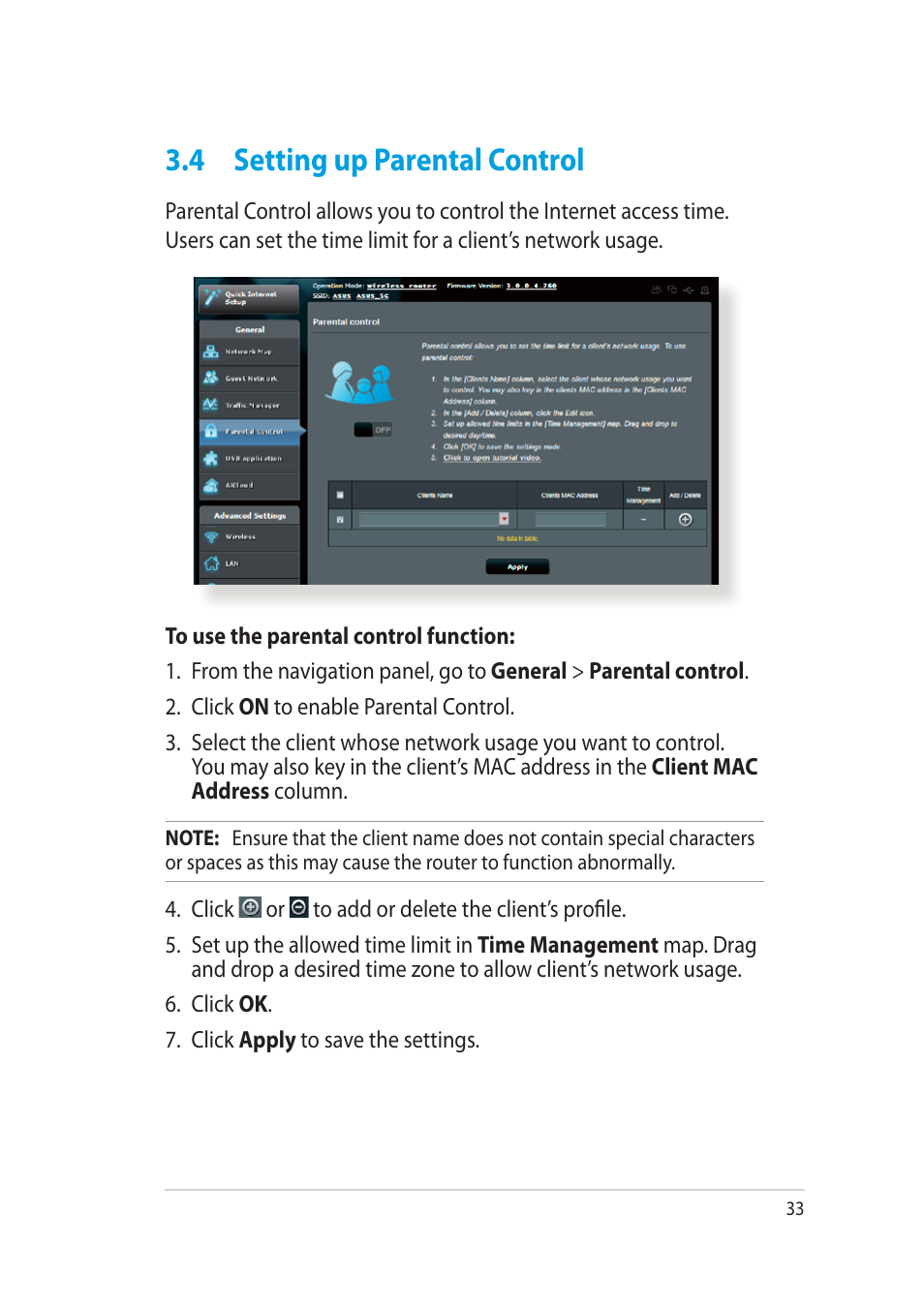 4 setting up parental control | Asus RT-AC52U User Manual | Page 33 / 130