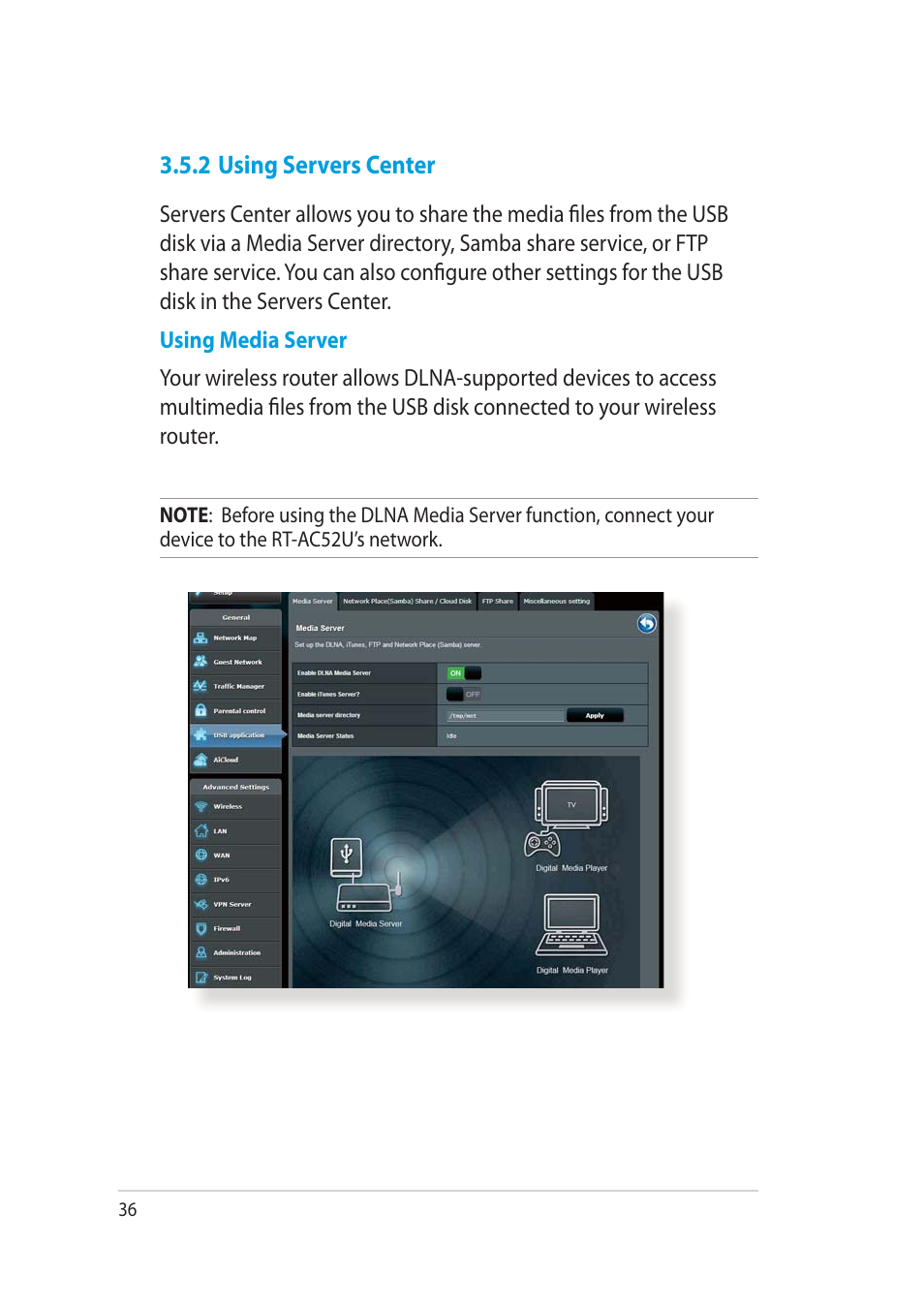 2 using servers center | Asus RT-AC52U User Manual | Page 36 / 130