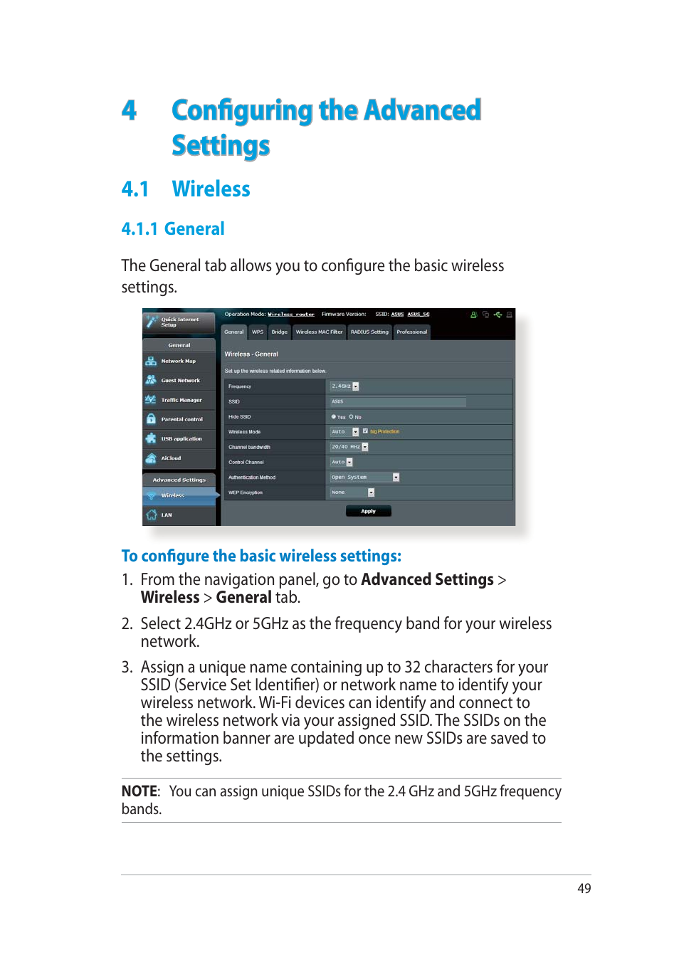 4configuring the advanced settings, 1 wireless | Asus RT-AC52U User Manual | Page 49 / 130