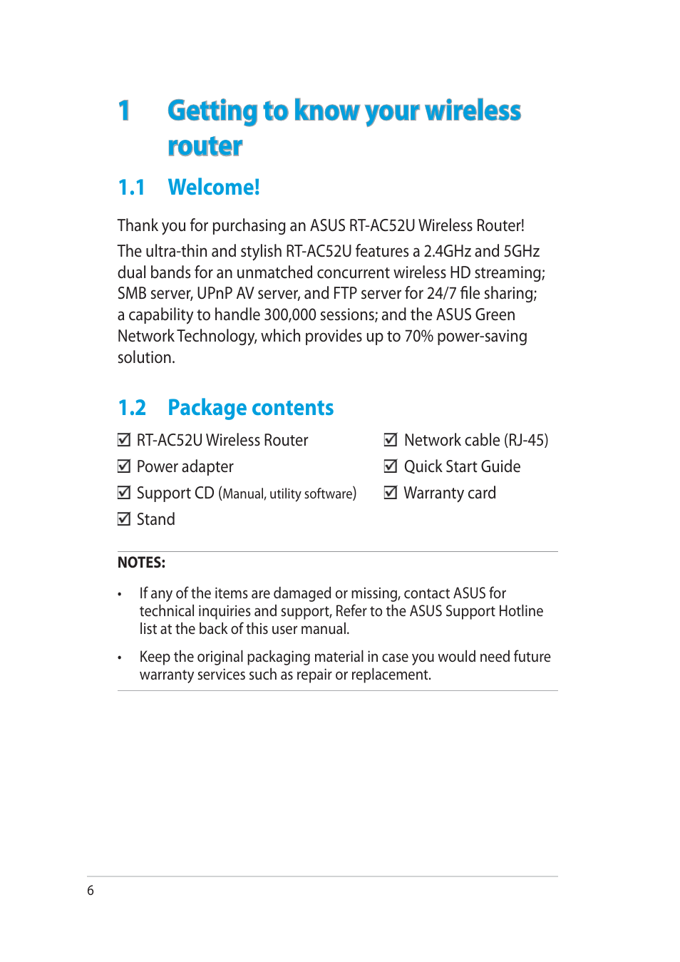 1getting to know your wireless router, 1 welcome, 2 package contents | Asus RT-AC52U User Manual | Page 6 / 130