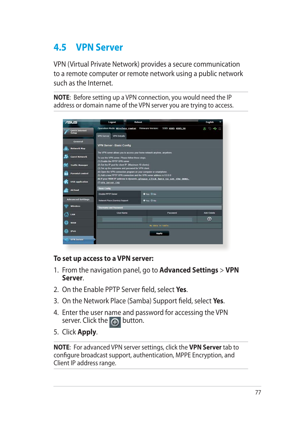 5 vpn server | Asus RT-AC52U User Manual | Page 77 / 130