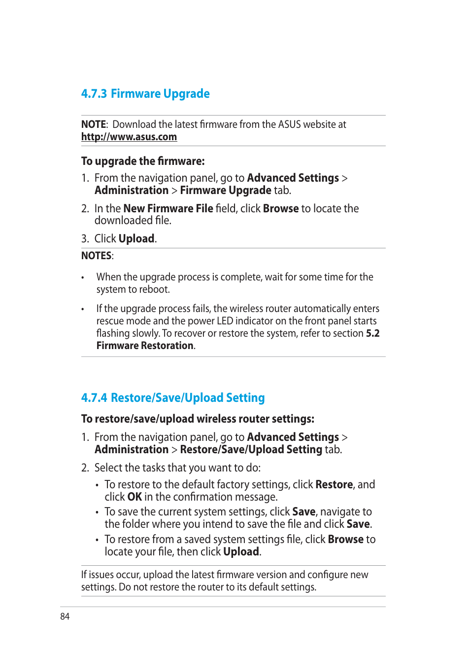 3 firmware upgrade, 4 restore/save/upload setting | Asus RT-AC52U User Manual | Page 84 / 130