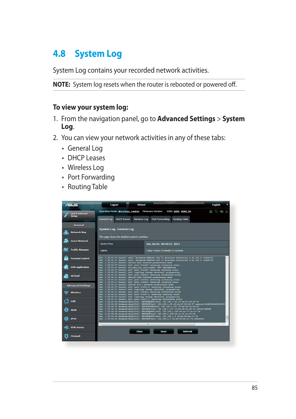8 system log | Asus RT-AC52U User Manual | Page 85 / 130