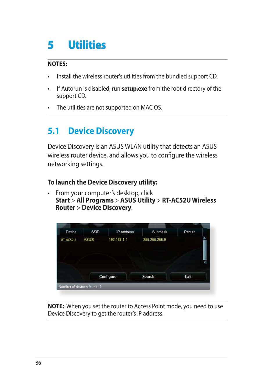 5 utilities, 1 device discovery | Asus RT-AC52U User Manual | Page 86 / 130