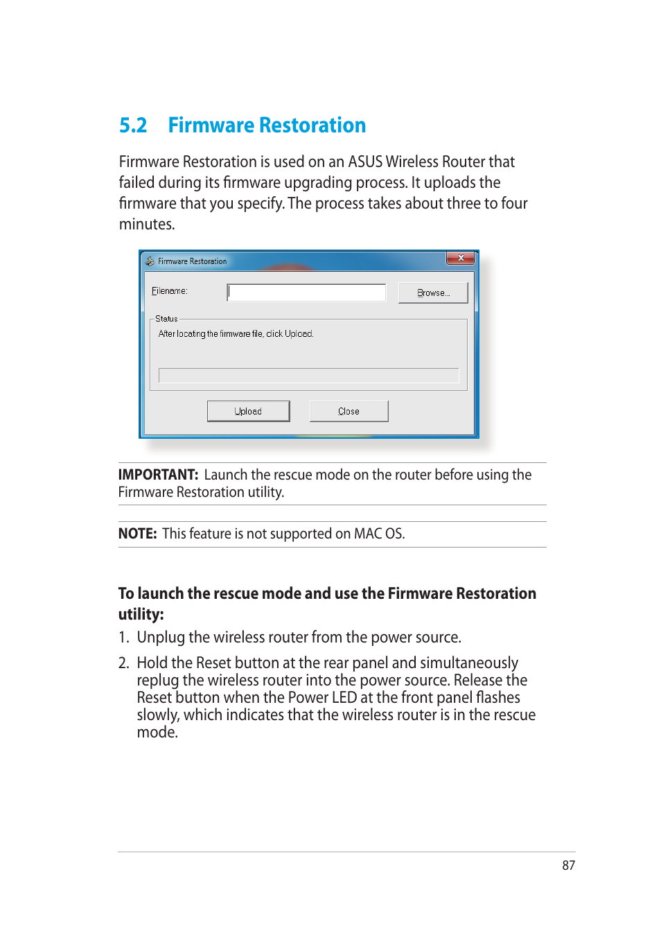 2 firmware restoration | Asus RT-AC52U User Manual | Page 87 / 130