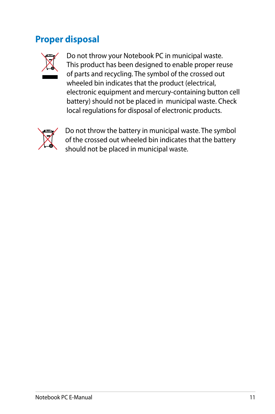 Proper disposal | Asus G750JH User Manual | Page 11 / 124
