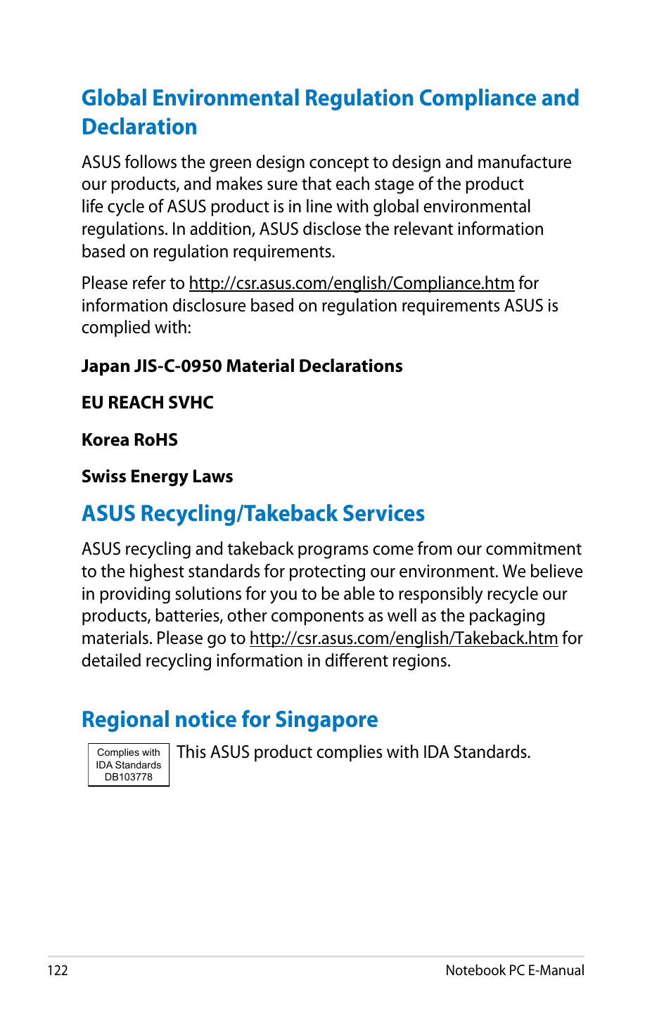 Asus recycling/takeback services, Regional notice for singapore | Asus G750JH User Manual | Page 122 / 124