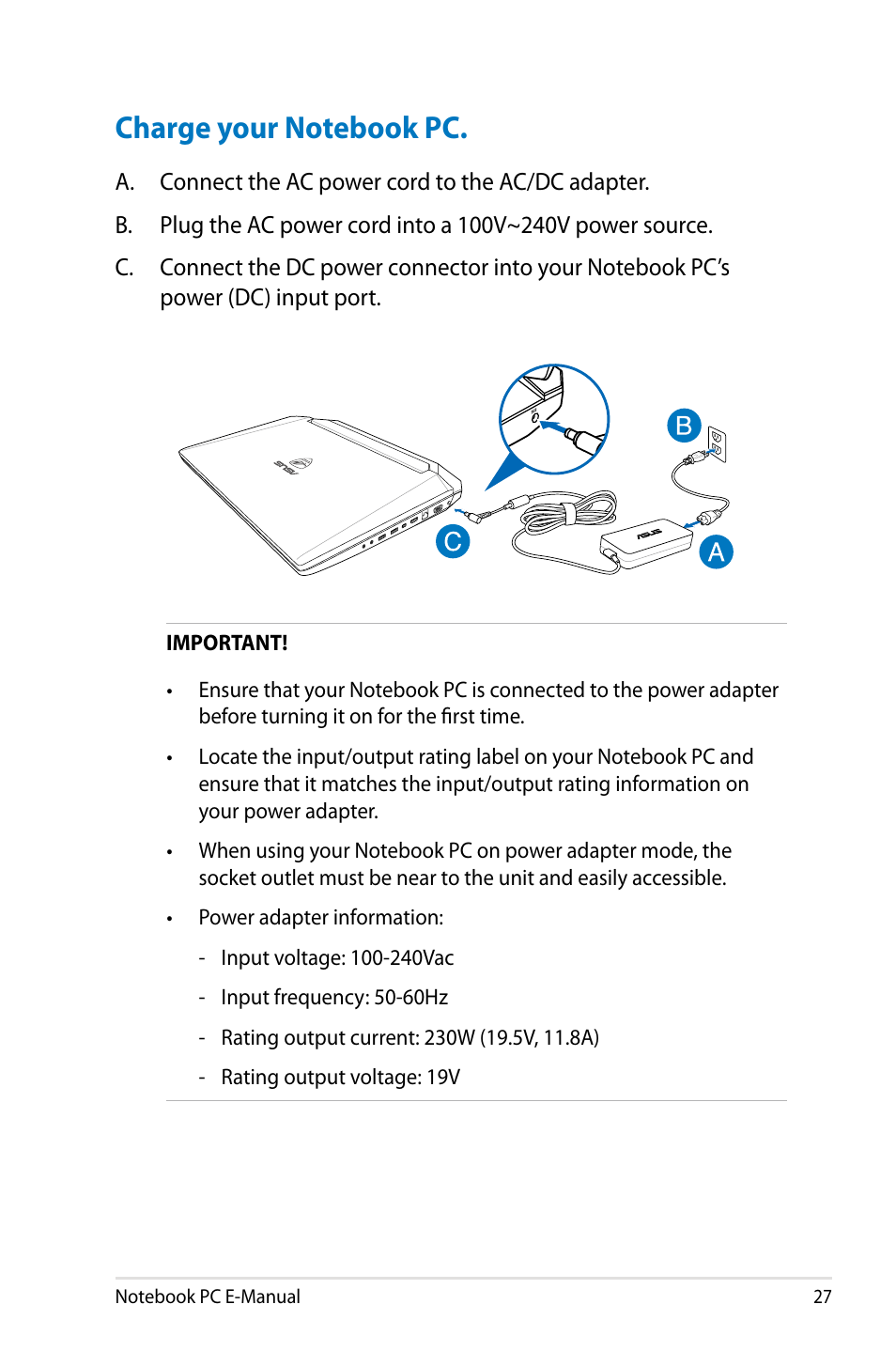 Charge your notebook pc | Asus G750JH User Manual | Page 27 / 124