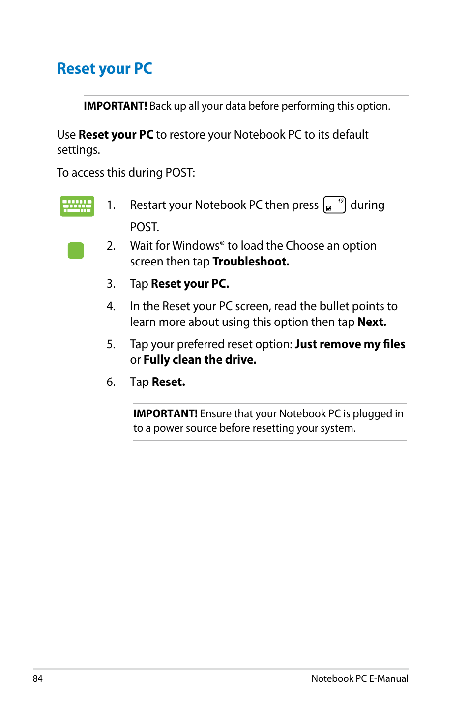 Reset your pc | Asus G750JH User Manual | Page 84 / 124