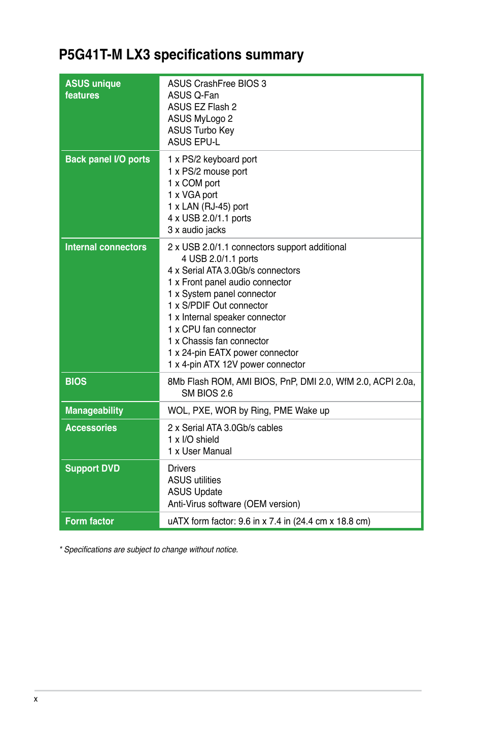 P5g41t-m lx3 specifications summary | Asus P5G41T-M LX3 User Manual | Page 10 / 60