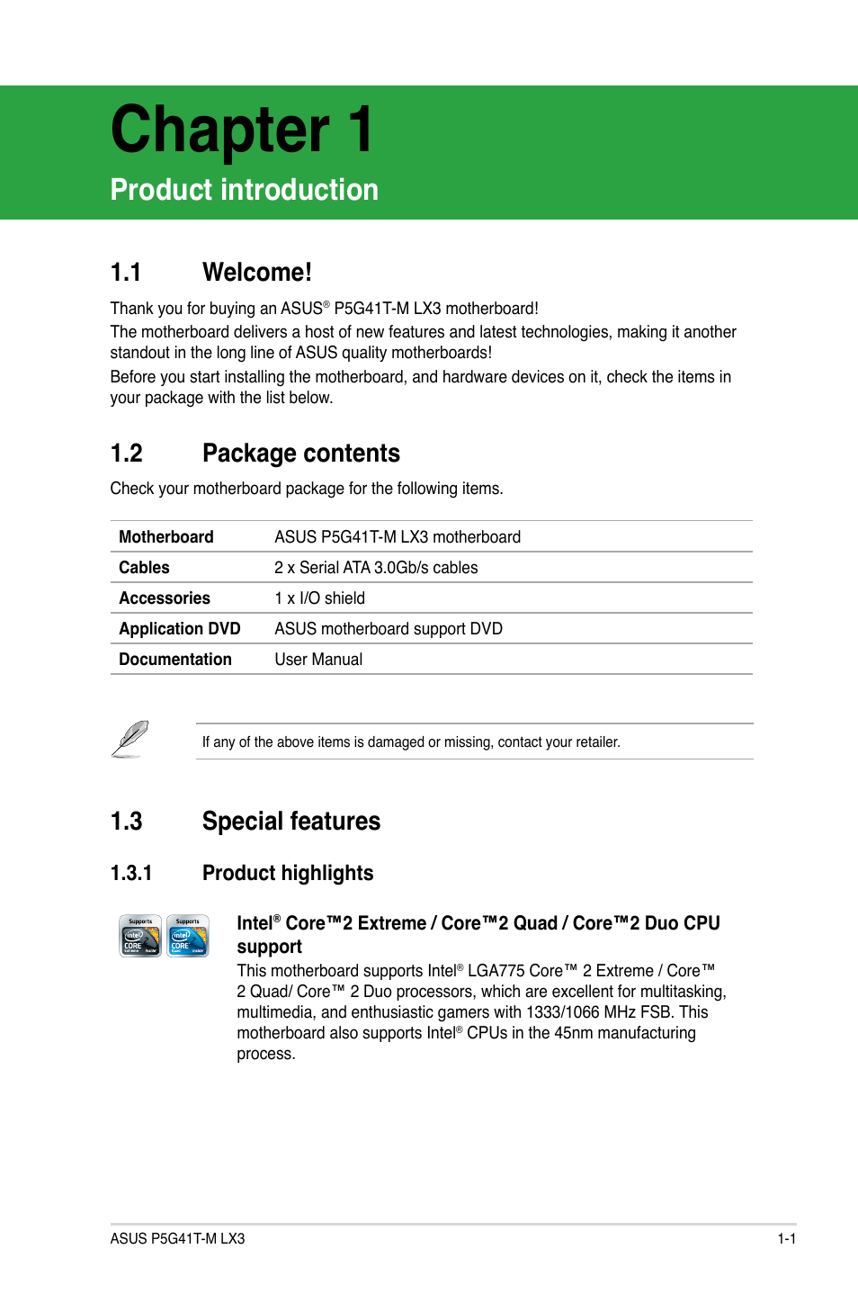 Chapter 1: product introduction, 1 welcome, 2 package contents | 3 special features, 1 product highlights, Product introduction, Welcome! -1, Package contents -1, Special features -1 1.3.1, Product highlights -1 | Asus P5G41T-M LX3 User Manual | Page 11 / 60