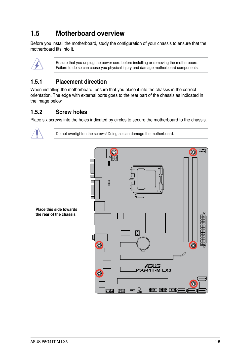 5 motherboard overview, 1 placement direction, 2 screw holes | Motherboard overview -5 1.5.1, Placement direction -5, Screw holes -5 | Asus P5G41T-M LX3 User Manual | Page 15 / 60