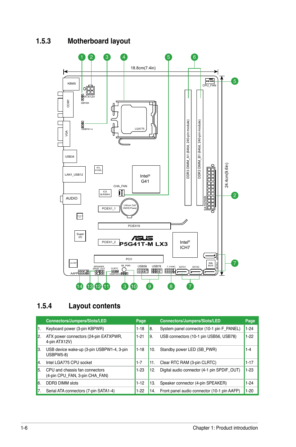 3 motherboard layout, 4 layout contents, Motherboard layout -6 | Layout contents -6, 6 chapter 1: product introduction, P5g41t-m lx3 | Asus P5G41T-M LX3 User Manual | Page 16 / 60