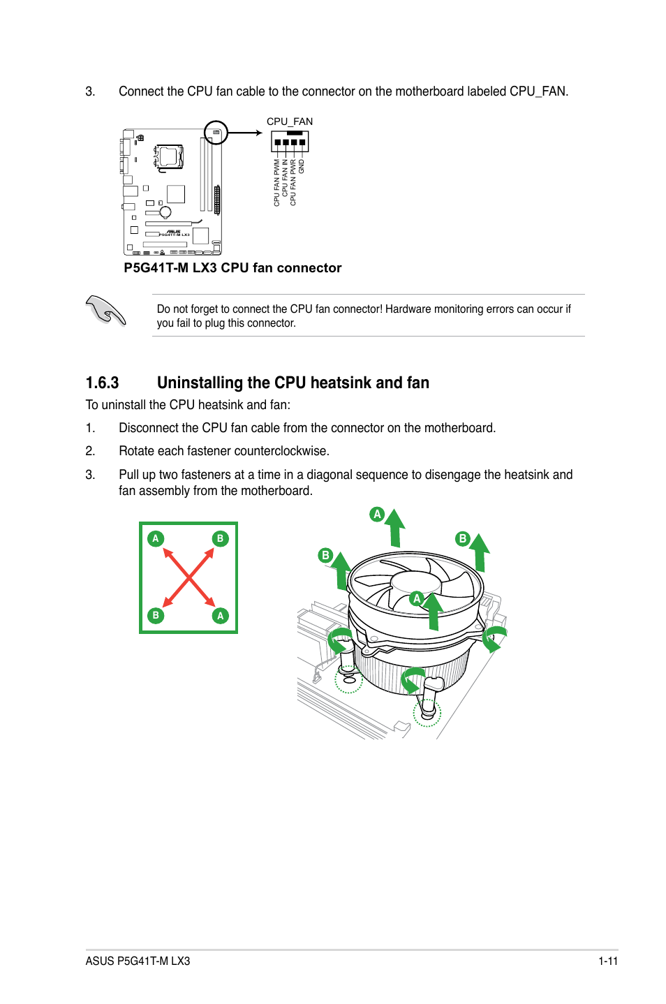 3 uninstalling the cpu heatsink and fan, Uninstalling the cpu heatsink and fan -11, P5g41t-m lx3 cpu fan connector | Asus P5G41T-M LX3 User Manual | Page 21 / 60