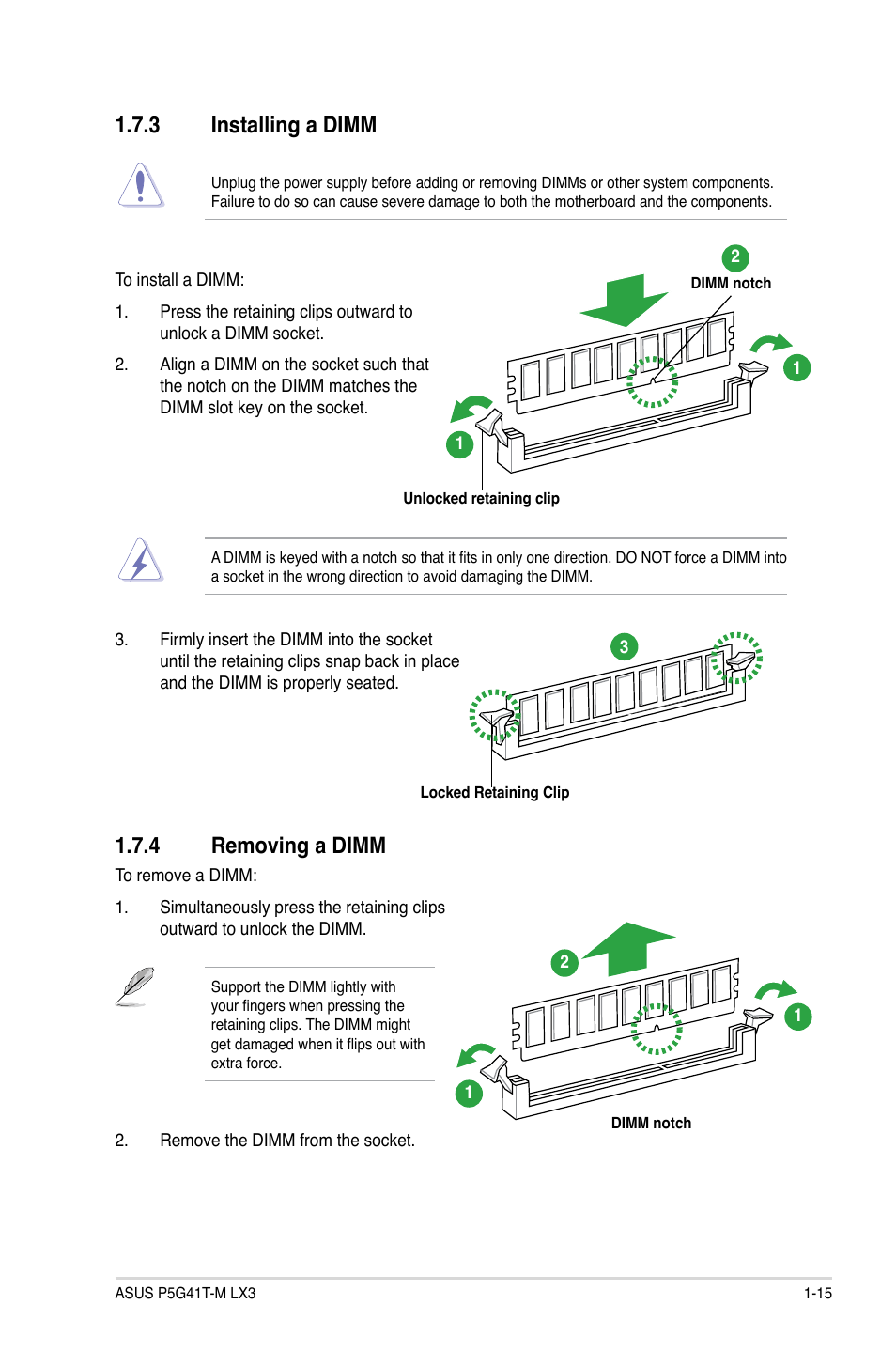 3 installing a dimm, 4 removing a dimm, Installing a dimm -15 | Removing a dimm -15 | Asus P5G41T-M LX3 User Manual | Page 25 / 60