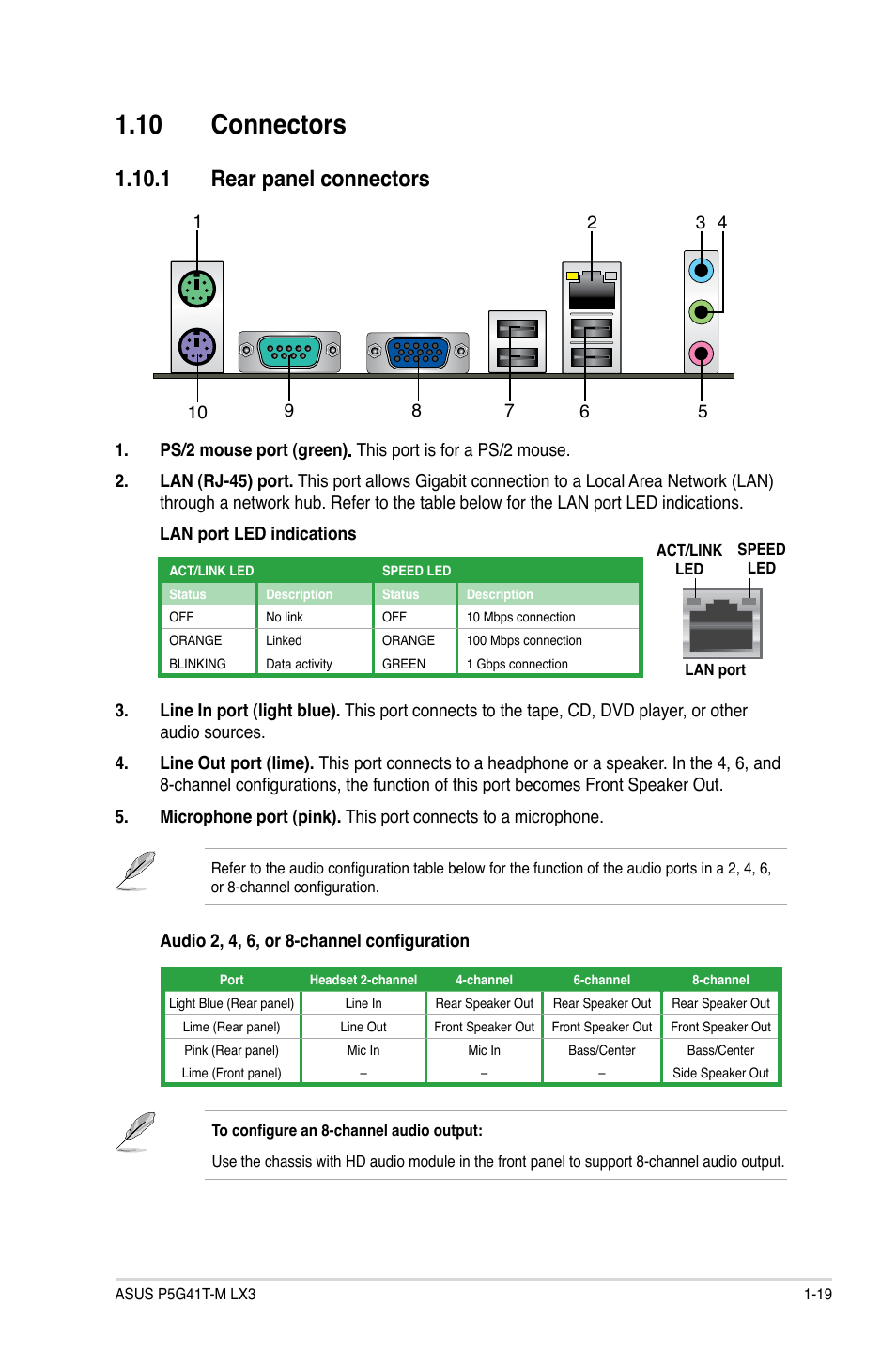10 connectors, 1 rear panel connectors, 10 connectors -19 | 1 rear panel connectors -19 | Asus P5G41T-M LX3 User Manual | Page 29 / 60