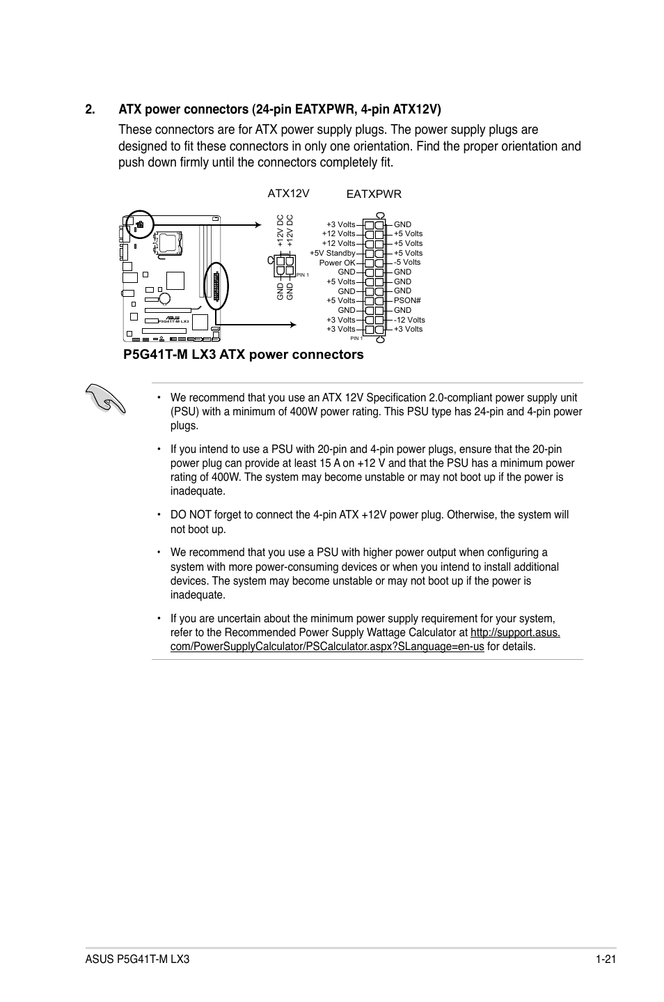 P5g41t-m lx3 atx power connectors | Asus P5G41T-M LX3 User Manual | Page 31 / 60