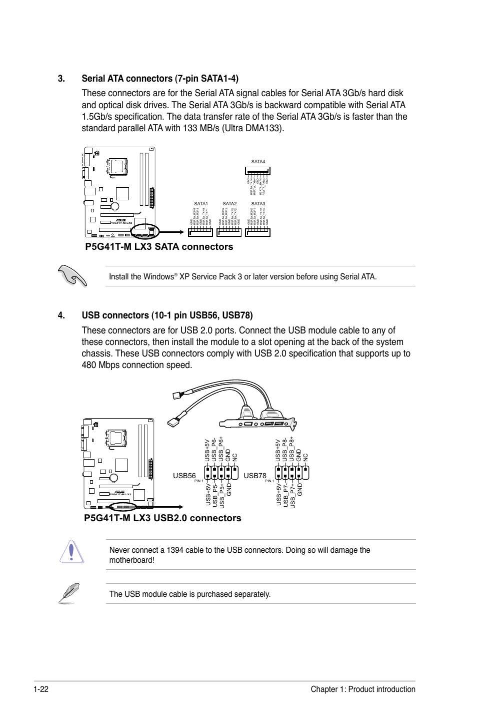 P5g41t-m lx3 sata connectors, 22 chapter 1: product introduction, Install the windows | Usb56, Usb78 | Asus P5G41T-M LX3 User Manual | Page 32 / 60