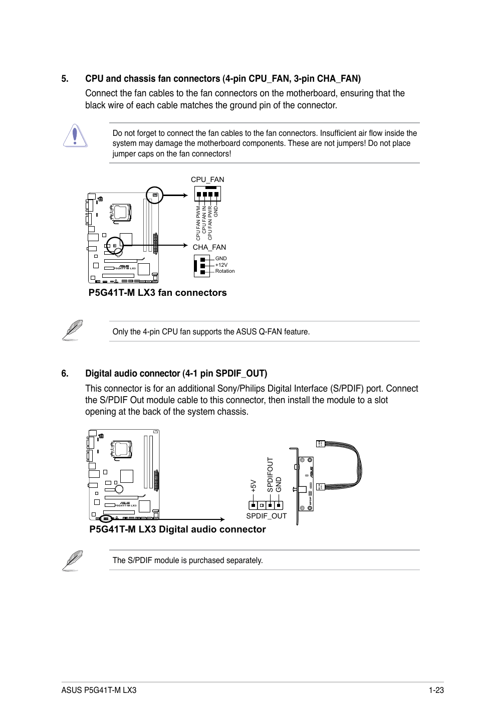 P5g41t-m lx3 fan connectors, P5g41t-m lx3 digital audio connector | Asus P5G41T-M LX3 User Manual | Page 33 / 60