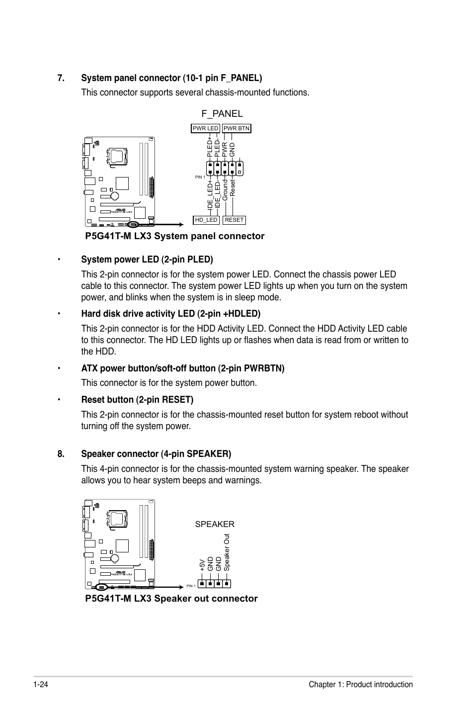 F_panel, P5g41t-m lx3 system panel connector, P5g41t-m lx3 speaker out connector | Asus P5G41T-M LX3 User Manual | Page 34 / 60