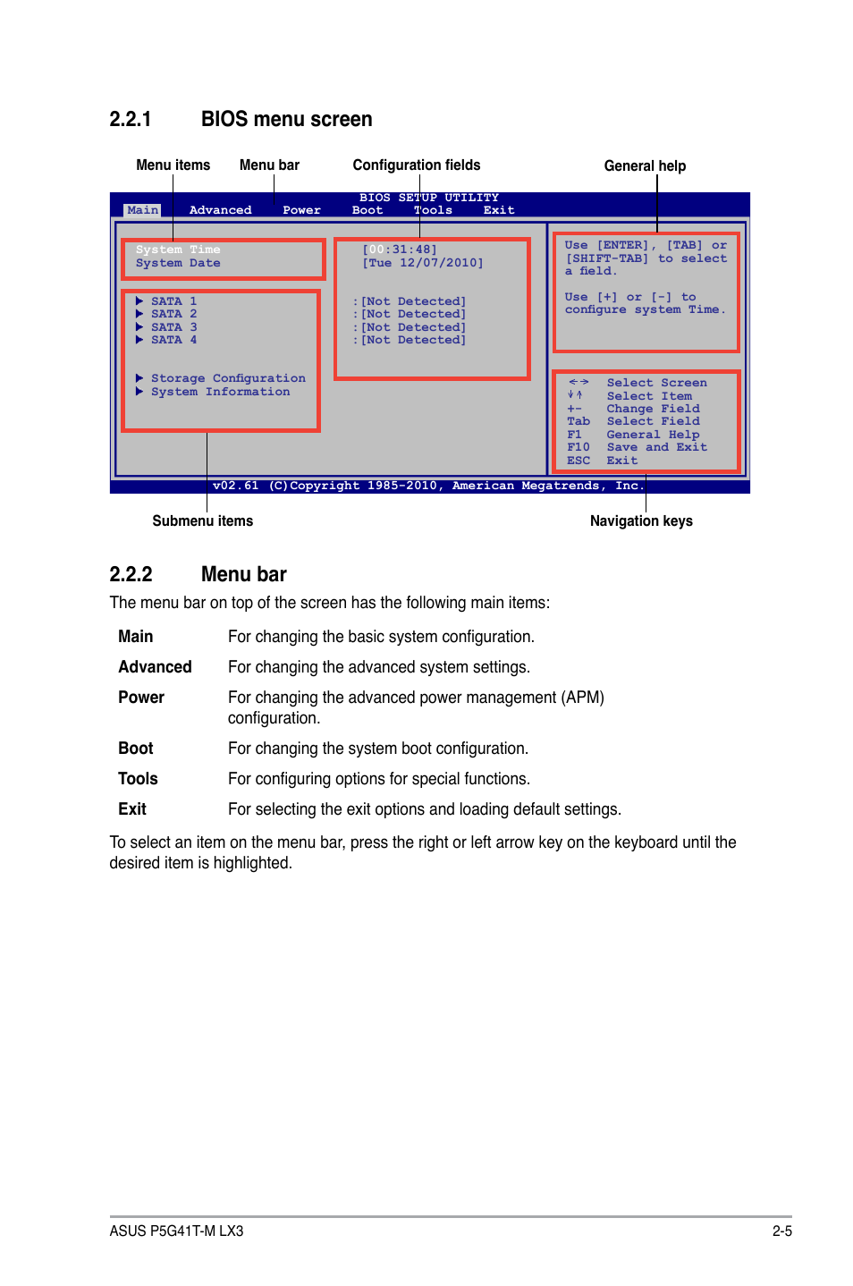 1 bios menu screen, 2 menu bar, Bios menu screen -5 | Menu bar -5 | Asus P5G41T-M LX3 User Manual | Page 41 / 60