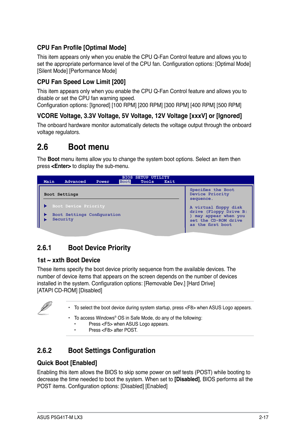 6 boot menu, 1 boot device priority, 2 boot settings configuration | Boot menu -17 2.6.1, Boot device priority -17, Boot settings configuration -17 | Asus P5G41T-M LX3 User Manual | Page 53 / 60