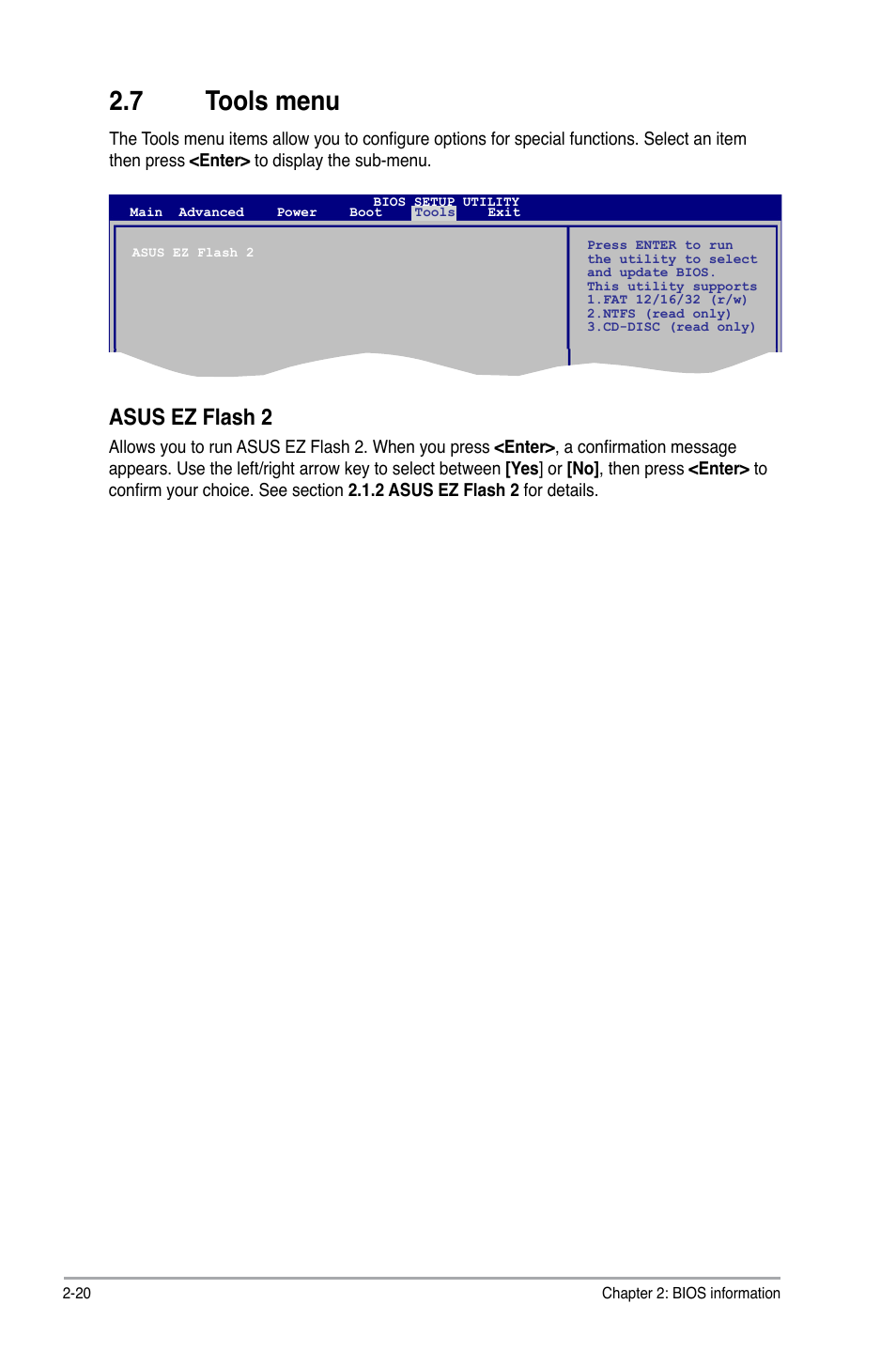 7 tools menu, Asus ez flash 2, Tools menu -20 asus ez flash 2 -20 | Asus P5G41T-M LX3 User Manual | Page 56 / 60