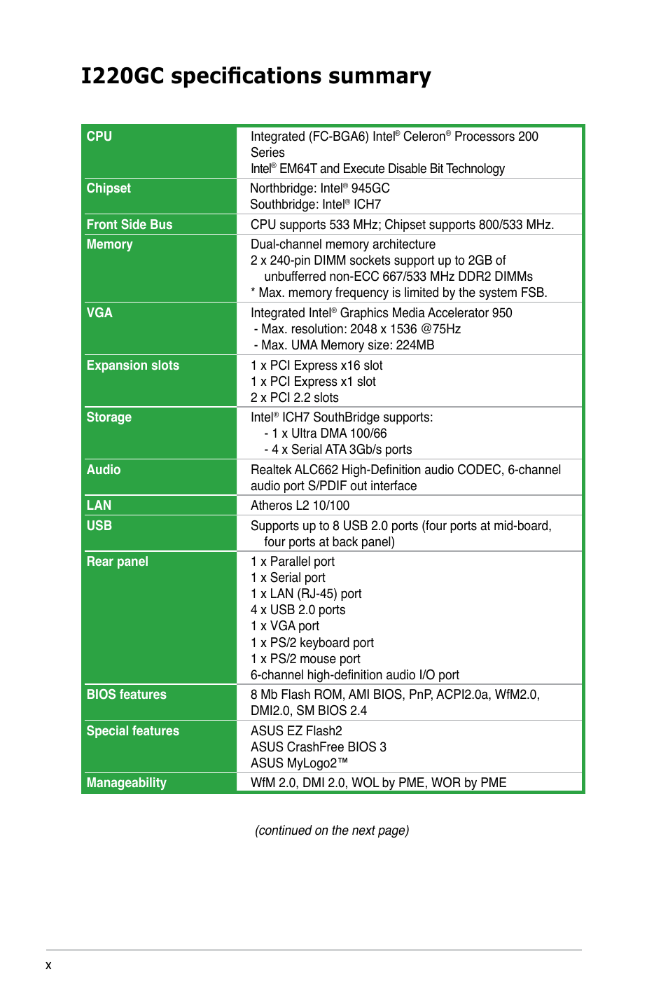 I220gc specifications summary | Asus I220GC User Manual | Page 10 / 86