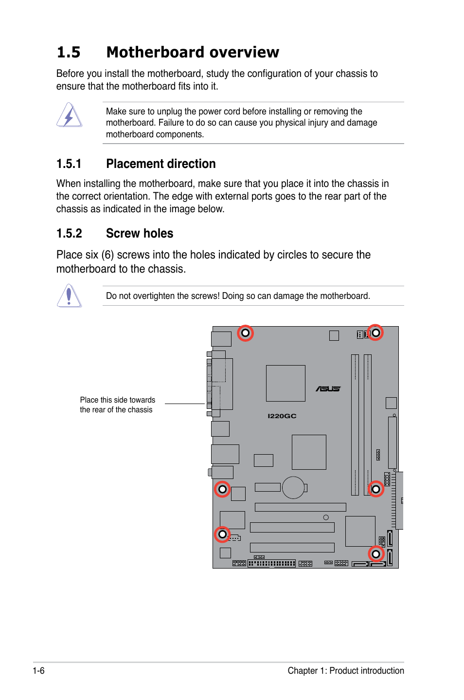 5 motherboard overview, 1 placement direction, 2 screw holes | Asus I220GC User Manual | Page 18 / 86