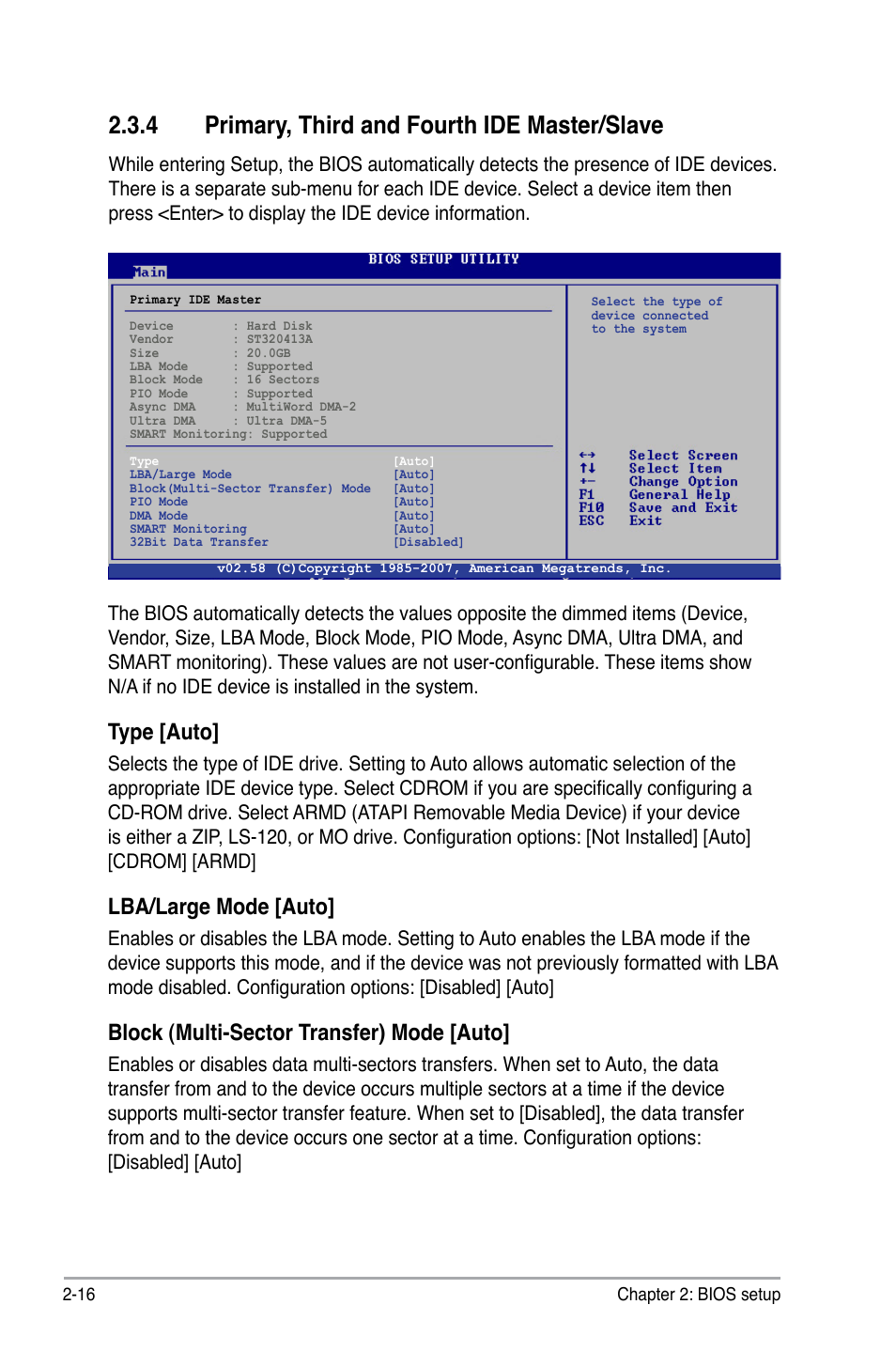 4 primary, third and fourth ide master/slave, Type [auto, Lba/large mode [auto | Block (multi-sector transfer) mode [auto | Asus I220GC User Manual | Page 56 / 86