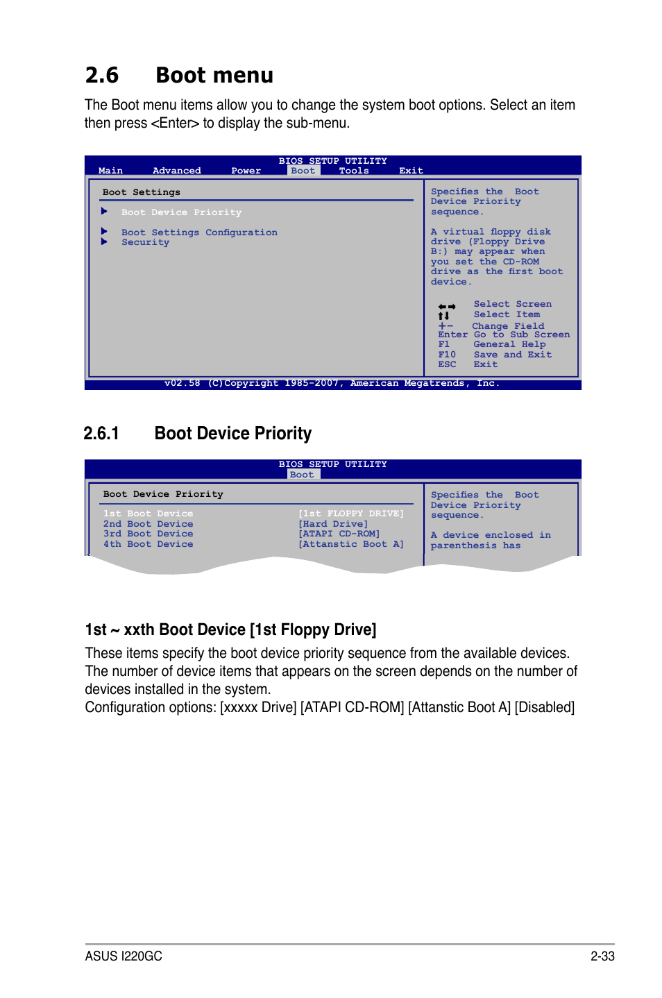 6 boot menu, 1 boot device priority, 1st ~ xxth boot device [1st floppy drive | Asus I220GC User Manual | Page 73 / 86